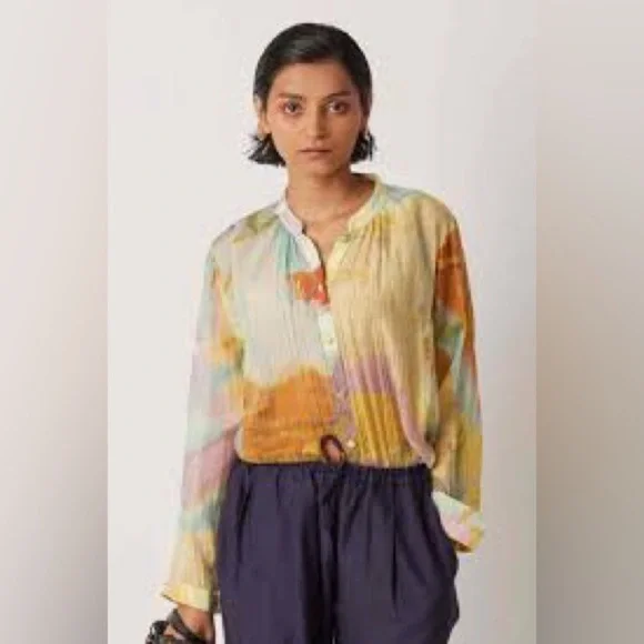 Yavi Chanderi Summer Labile Button Front Shirt in Yellow Multi Color - Size M - Picture 2 of 9